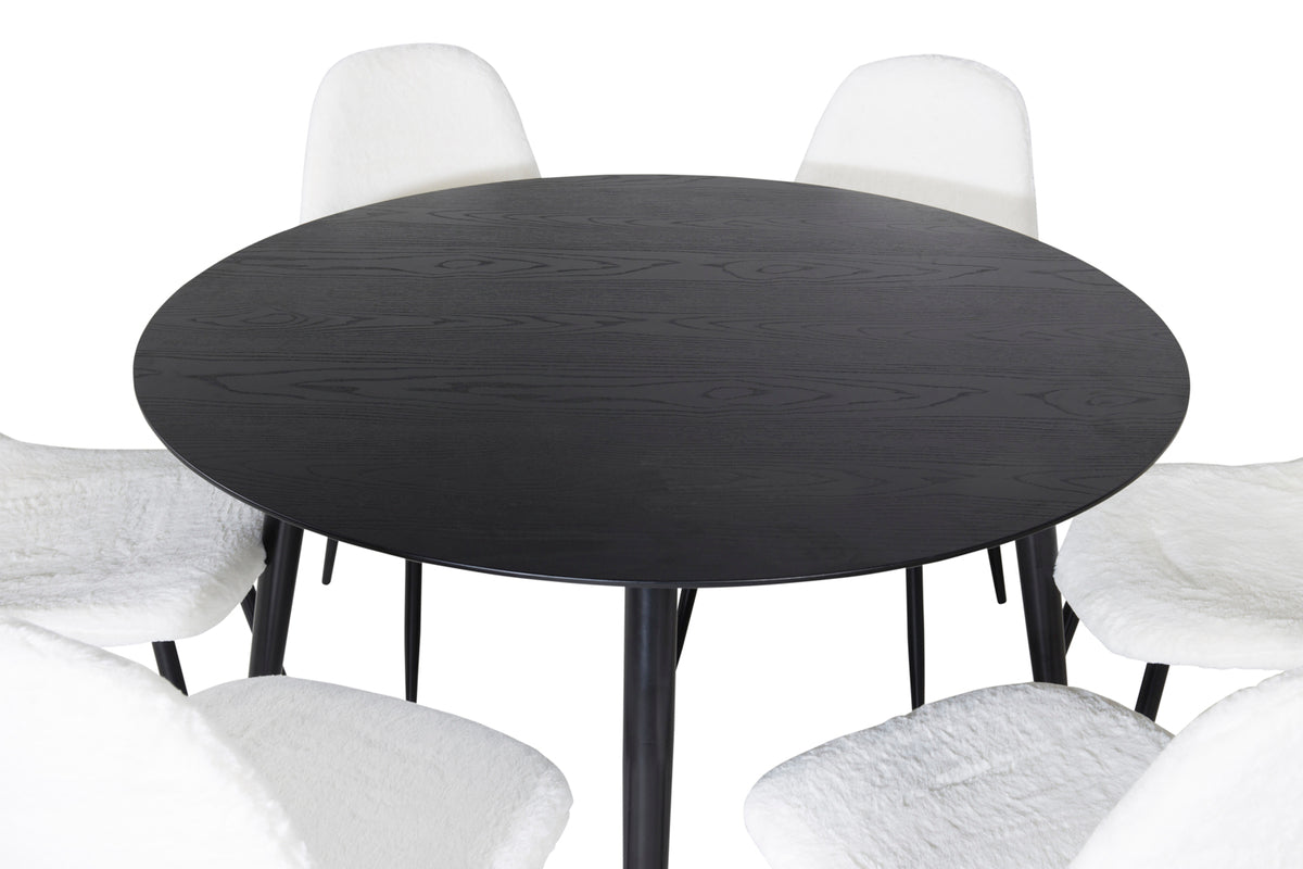 Rundt spisebord 115 Sort + Spisebordsstol 2-pak Hvid