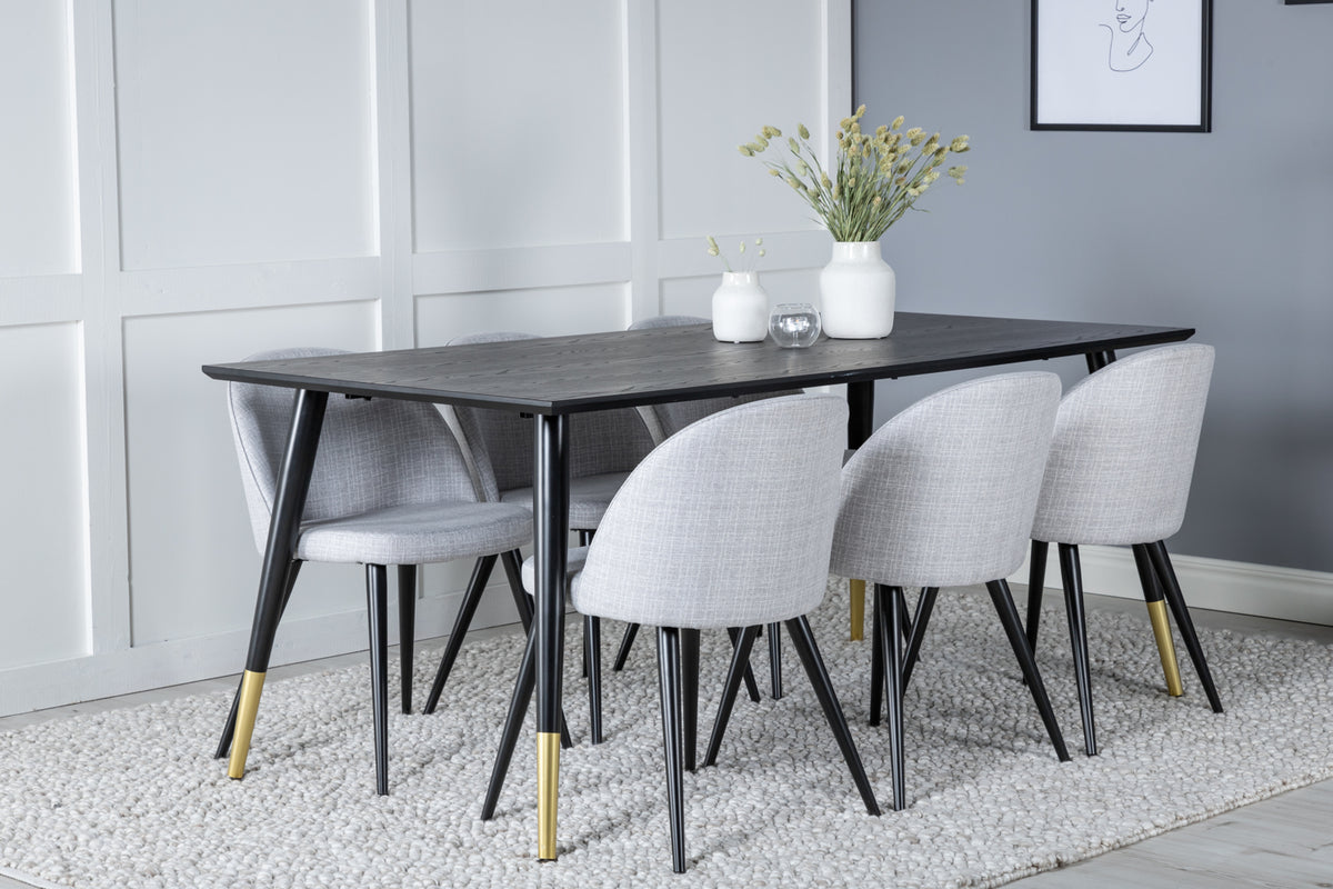 Rektangulært spisebord 180 x 90 Sort + Spisebordsstol 2-pak Grå
