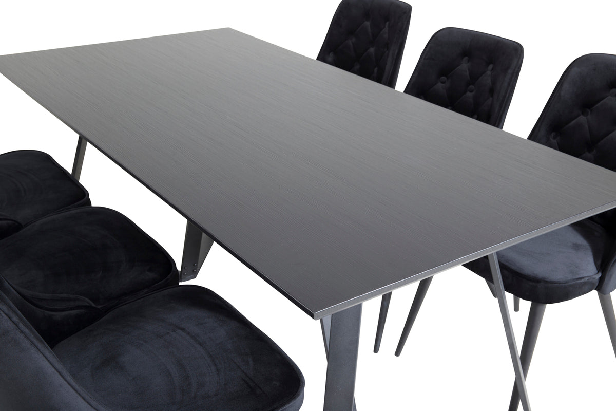 Marina & Velvet Deluxe Rektangulært Spisebord 180 x 90 Sort + Spisebordsstol 2-pak Sort