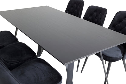 Marina & Velvet Deluxe Rektangulært Spisebord 180 x 90 Sort + Spisebordsstol 2-pak Sort
