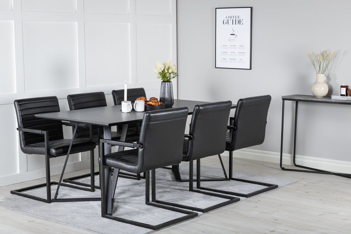 Marina & Art Rektangulært Spisebord 180 x 90 Sort + Spisebordsstol 2-pak Sort