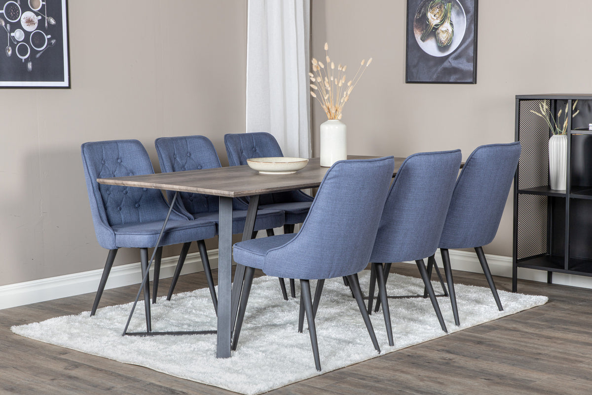 Marina & Velvet Deluxe Rektangulært Spisebord 180 x 90 Natur + Spisebordsstol 2-pak Blå