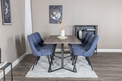 Marina & Velvet Deluxe Rektangulært Spisebord 180 x 90 Natur + Spisebordsstol 2-pak Blå