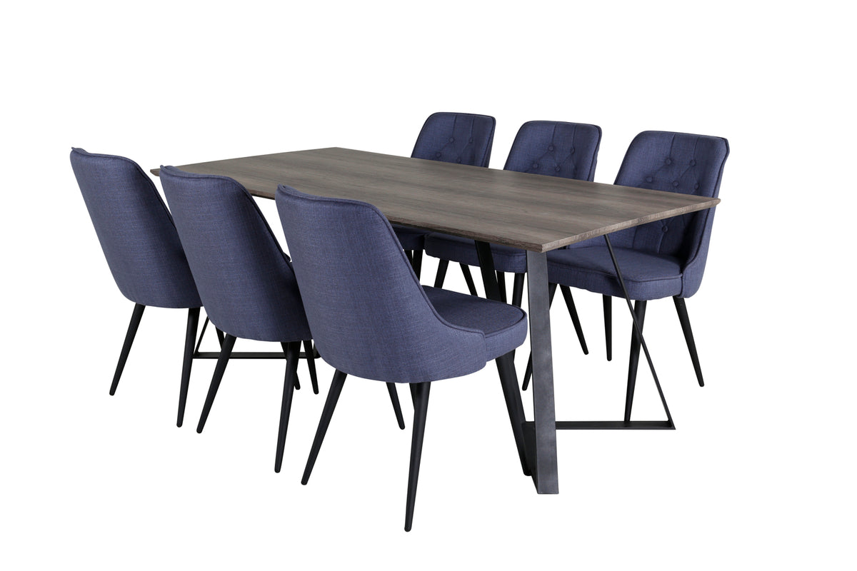 Marina & Velvet Deluxe Rektangulært Spisebord 180 x 90 Natur + Spisebordsstol 2-pak Blå