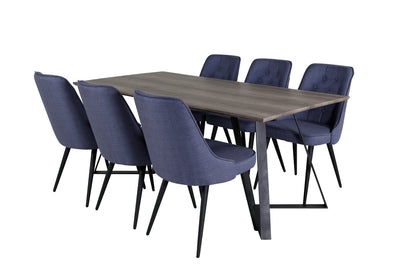 Marina & Velvet Deluxe Rektangulært Spisebord 180 x 90 Natur + Spisebordsstol 2-pak Blå