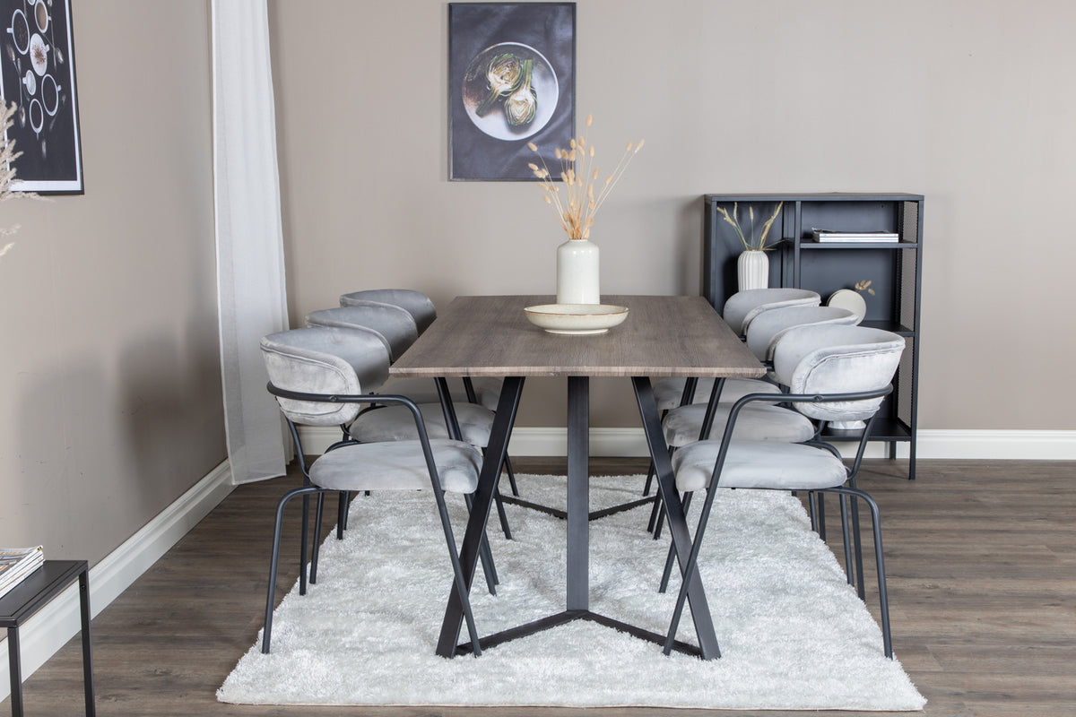 Arrow & Marina spisebordsstol 2-pak grå + rektangulært spisebord 180 x 90 natur