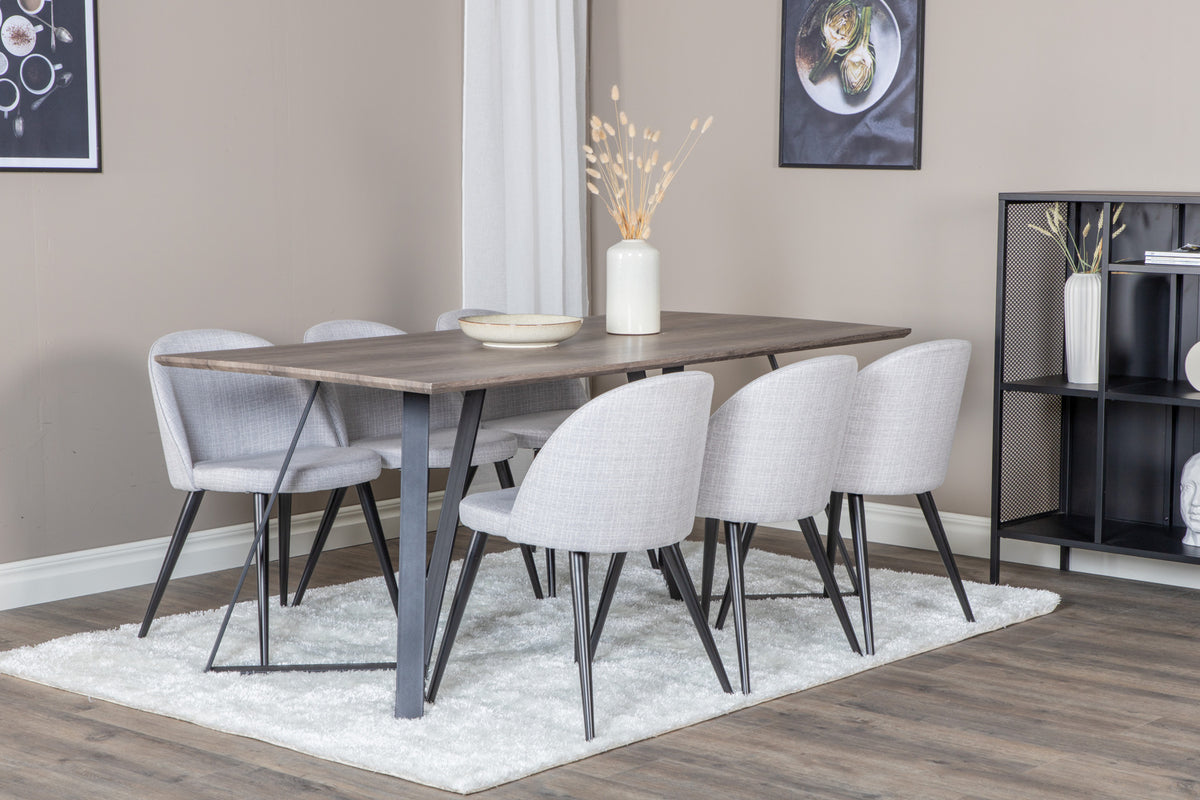 Velour & Marina spisebordsstol 2-pak grå + rektangulært spisebord 180 x 90 natur