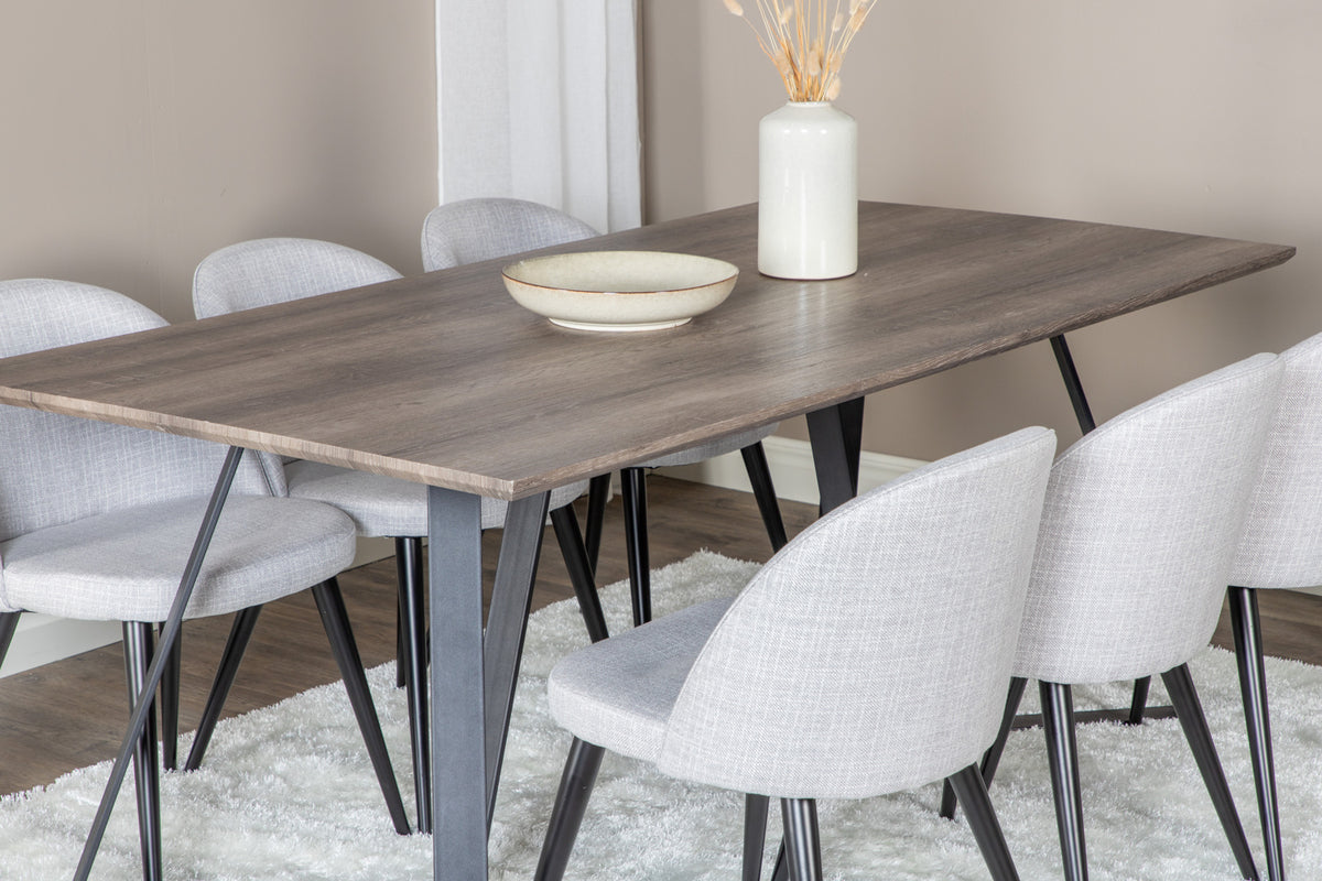 Velour & Marina spisebordsstol 2-pak grå + rektangulært spisebord 180 x 90 natur
