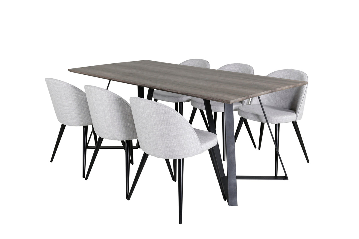 Velour & Marina spisebordsstol 2-pak grå + rektangulært spisebord 180 x 90 natur