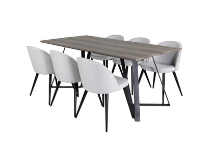 Velour & Marina spisebordsstol 2-pak grå + rektangulært spisebord 180 x 90 natur