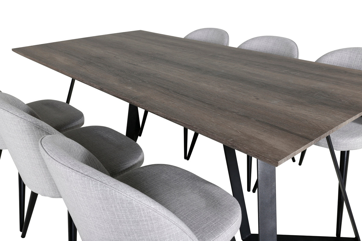 Velour & Marina spisebordsstol 2-pak grå + rektangulært spisebord 180 x 90 natur