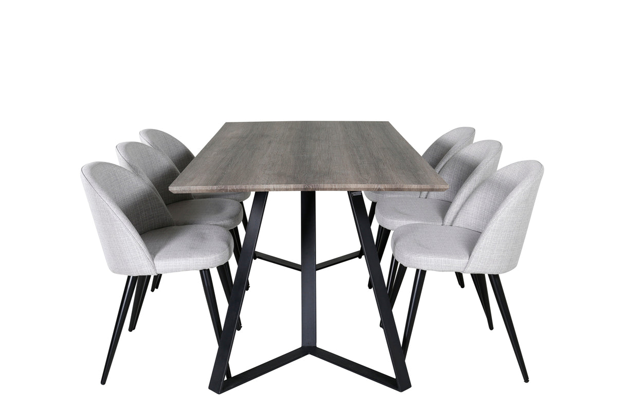 Velour & Marina spisebordsstol 2-pak grå + rektangulært spisebord 180 x 90 natur
