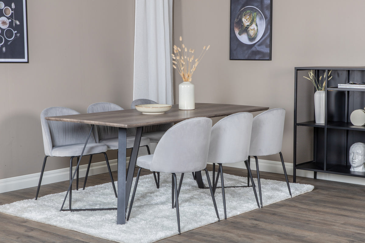 Wrinkles & Marina spisebordsstol 2-pak grå + rektangulært spisebord 180 x 90 natur