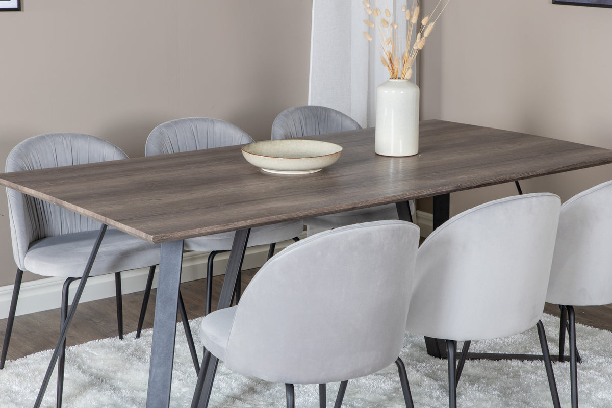 Wrinkles & Marina spisebordsstol 2-pak grå + rektangulært spisebord 180 x 90 natur
