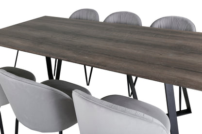 Wrinkles & Marina spisebordsstol 2-pak grå + rektangulært spisebord 180 x 90 natur