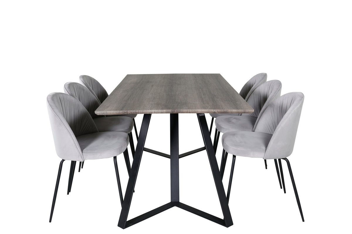 Wrinkles & Marina spisebordsstol 2-pak grå + rektangulært spisebord 180 x 90 natur