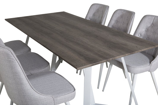 Marina & Velvet Deluxe Rektangulært Spisebord 180 x 90 Grå + Spisebordsstol 2-pak Lys Grå