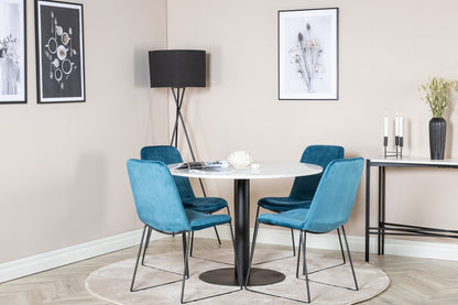 Muce & Razzia spisebordsstol 2-pak blå + rundt spisebord ⌀106 hvid