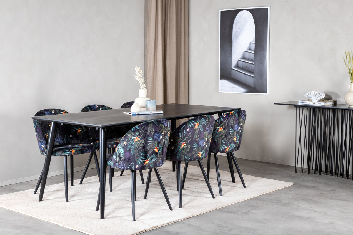 Dipp & Velvet Rektangulært Spisebord 180 x 90 Sort + Spisestol 2-pak Sort