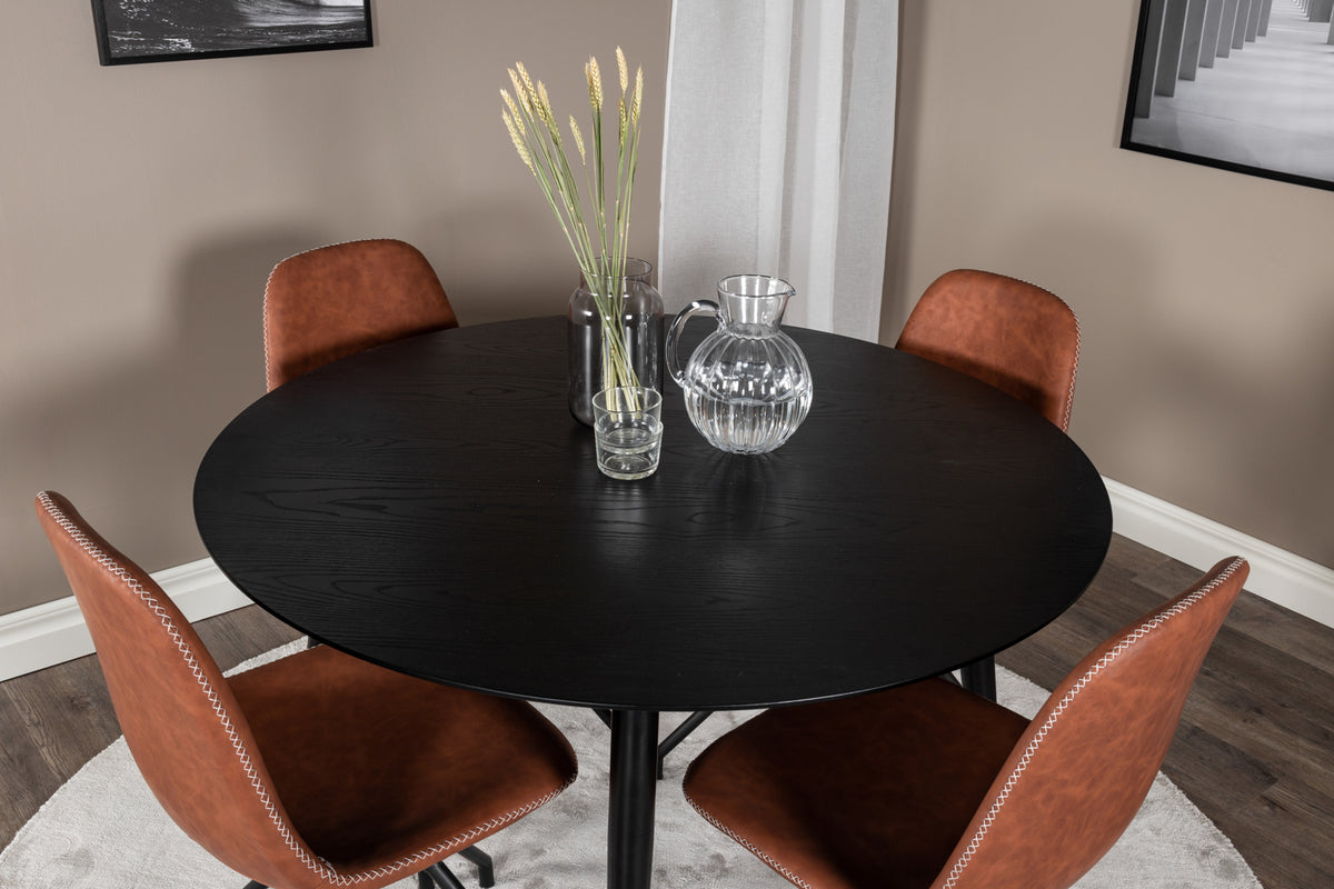 Dipp & Polar Rundt Spisebord ⌀115 Sort + Spisebordsstol 2-pak Brun