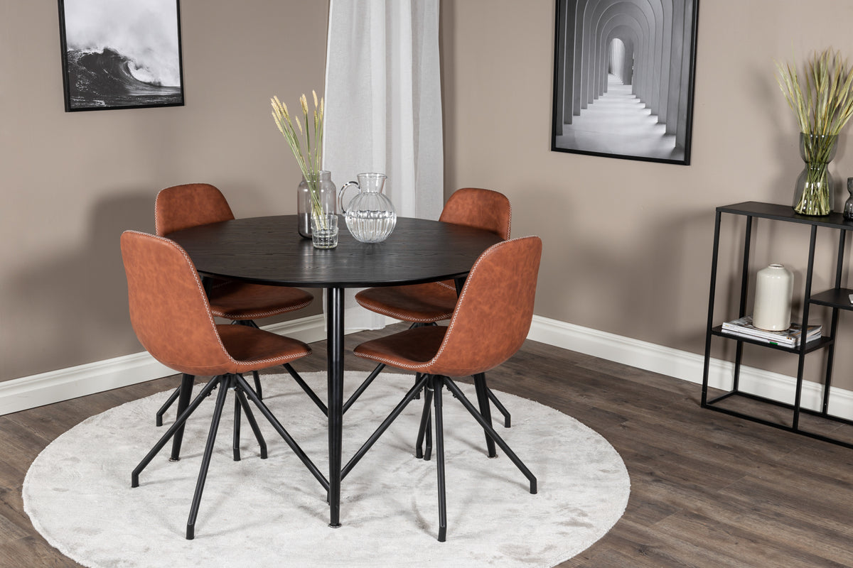 Dipp & Polar Rundt Spisebord ⌀115 Sort + Spisebordsstol 2-pak Brun