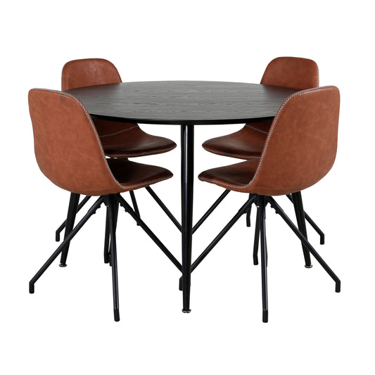 Dipp & Polar Rundt Spisebord ⌀115 Sort + Spisebordsstol 2-pak Brun