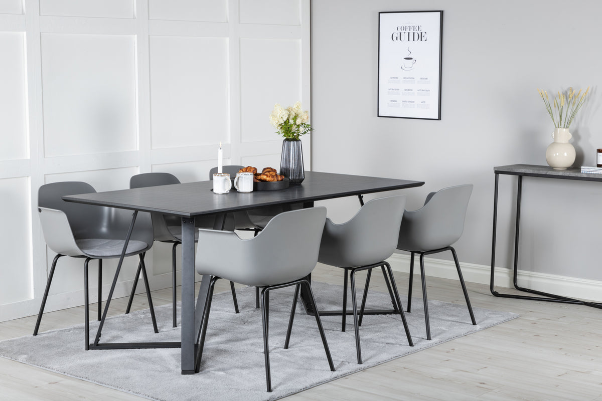 Comfort & Marina Spisebordsstol 2-pak Grå + Rektangulært Spisebord 180 x 90 Sort