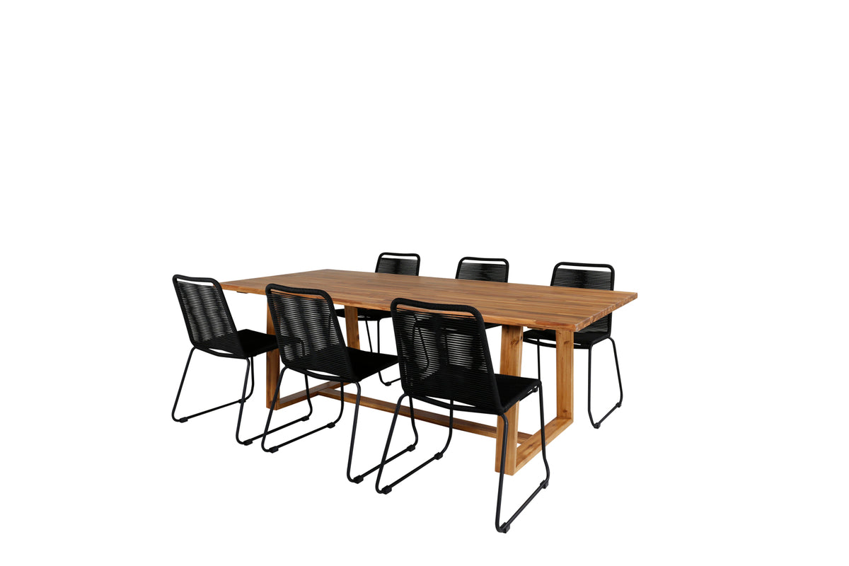 Plankton & Lindos Rektangulære Spisebord 220 x 100 Natur + Spisestole 2-pak Sort