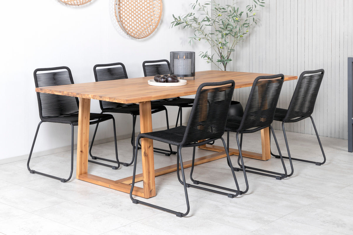 Plankton & Lindos Rektangulære Spisebord 220 x 100 Natur + Spisestole 2-pak Sort