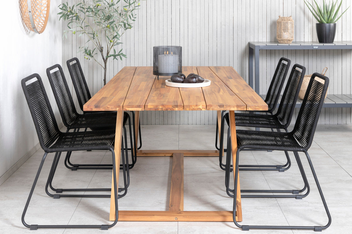 Plankton & Lindos Rektangulære Spisebord 220 x 100 Natur + Spisestole 2-pak Sort