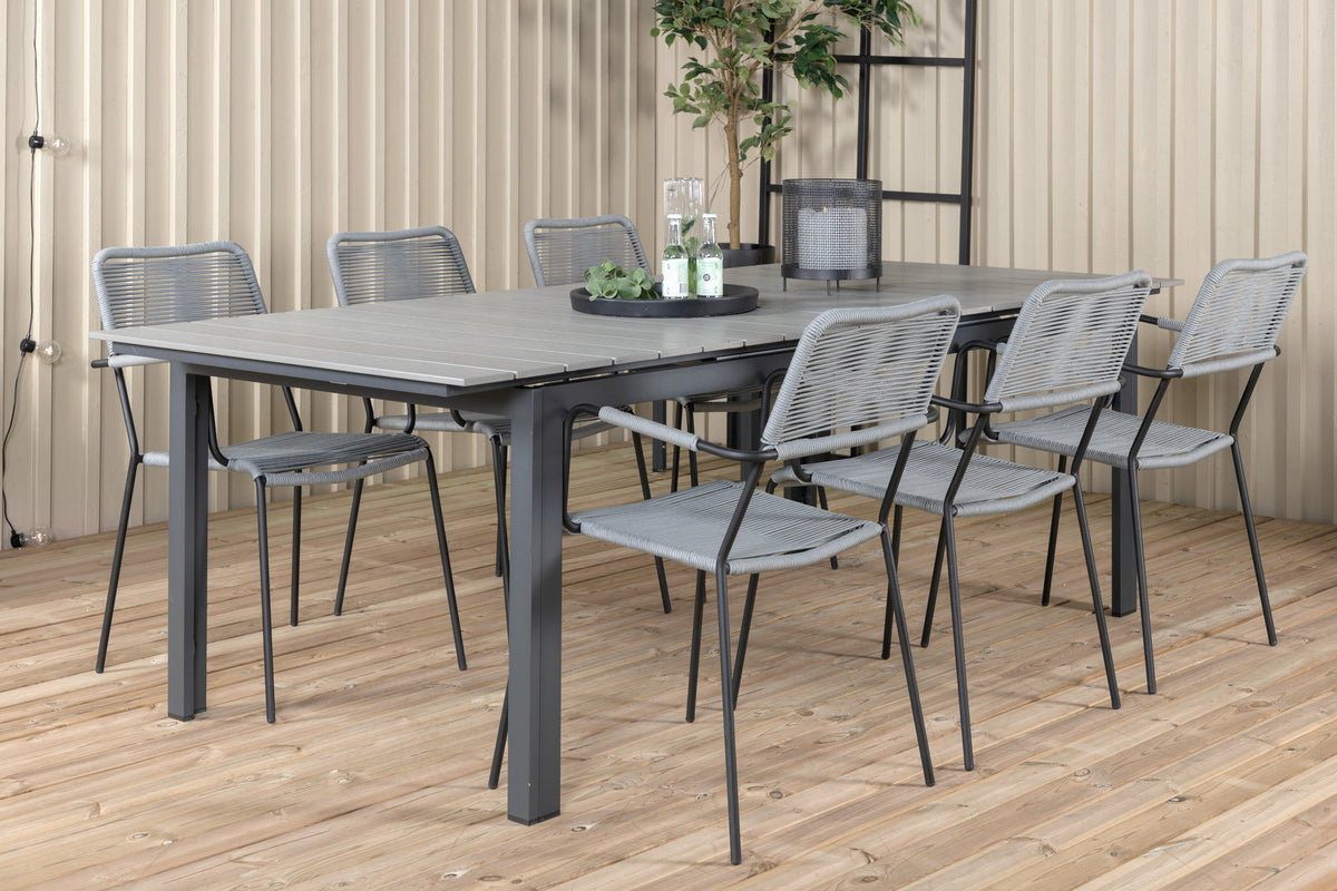 Levels & Lindos Rektangulært Spisebord 229x100x75 Sort + Spisestole Grå