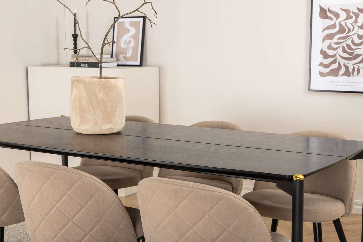 Pelle & Velvet Rektangulært Spisebord 190 x 90 Sort + Spisebænk 2-pak Beige
