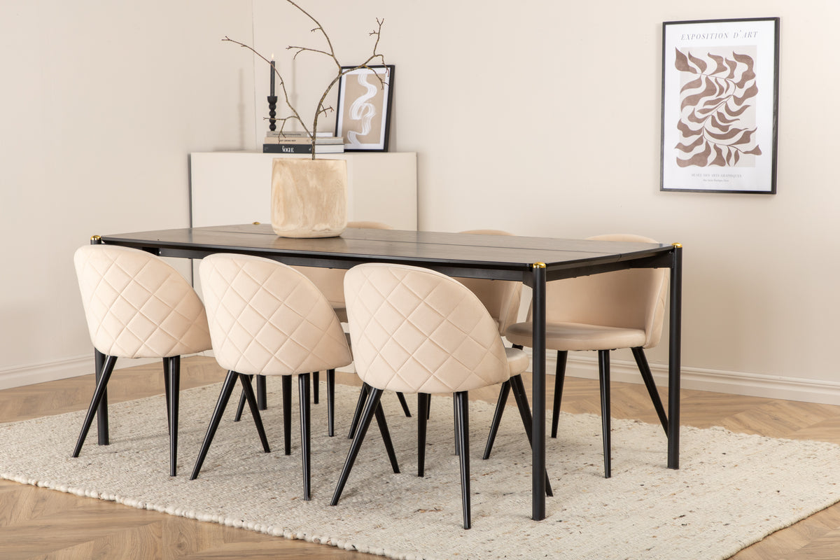 Pelle & Velvet Rektangulært Spisebord 190 x 90 Sort + Spisebordsstol 2-pak Beige
