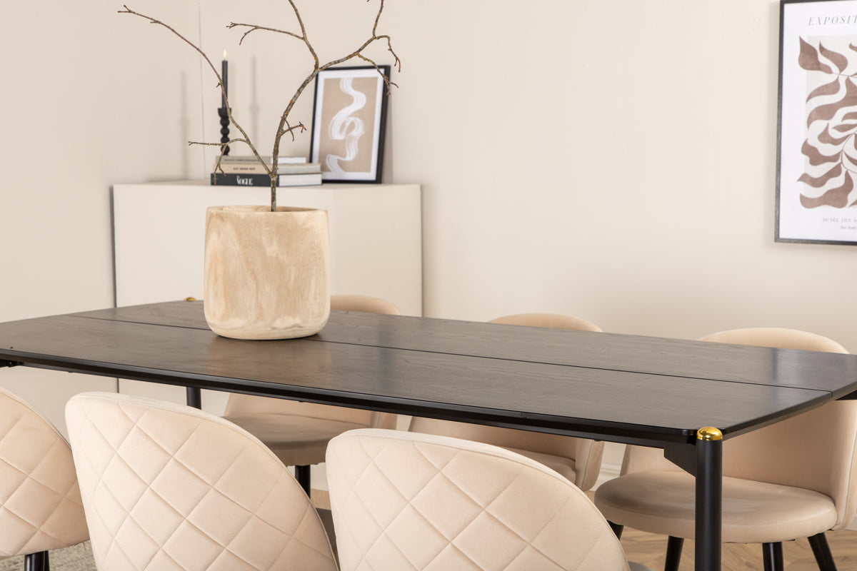 Pelle & Velvet Rektangulært Spisebord 190 x 90 Sort + Spisebordsstol 2-pak Beige