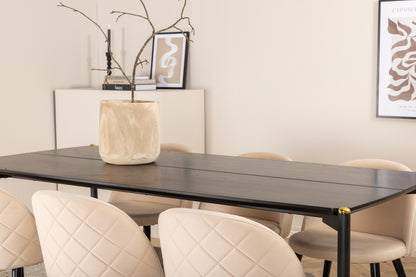 Pelle & Velvet Rektangulært Spisebord 190 x 90 Sort + Spisebordsstol 2-pak Beige