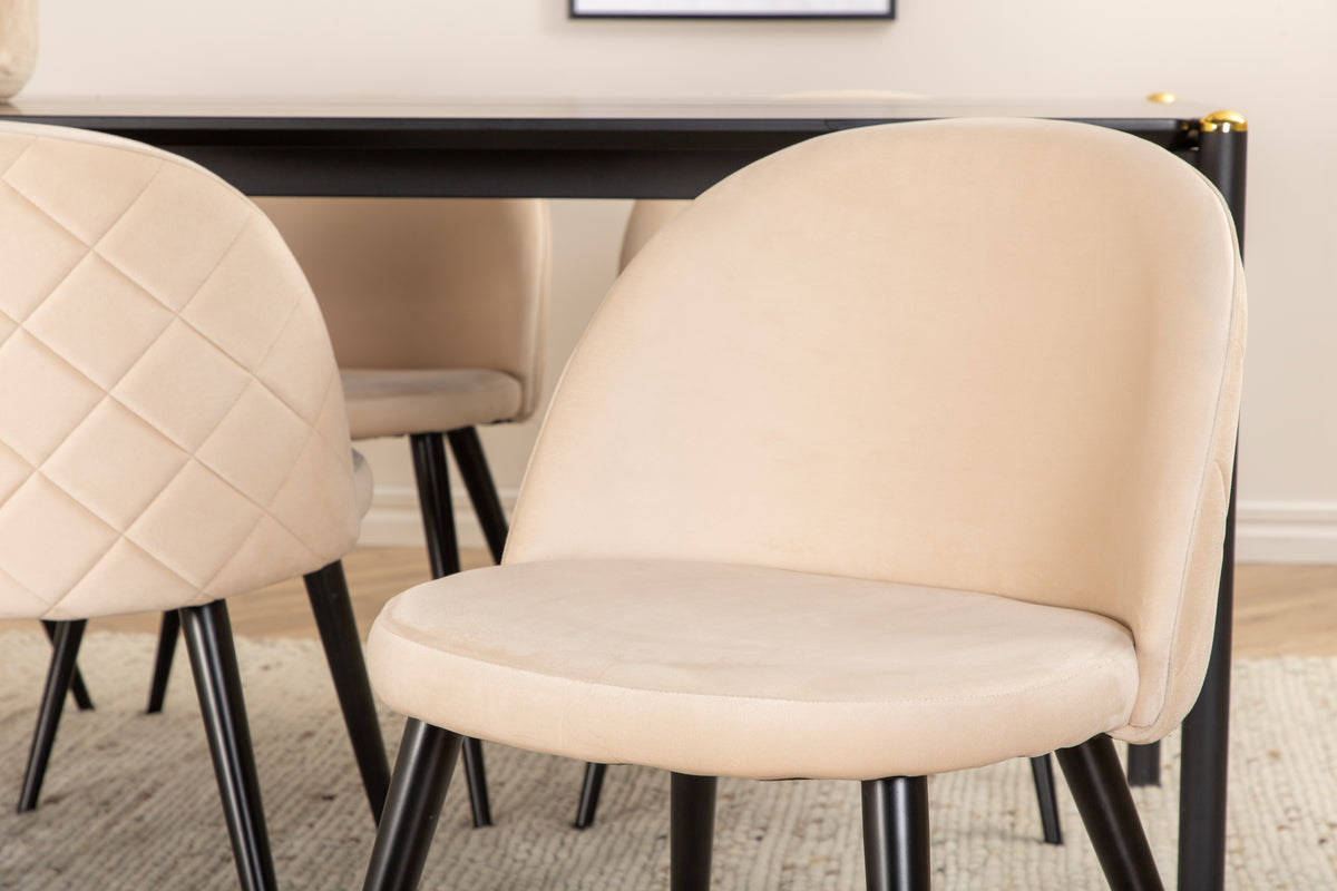 Pelle & Velvet Rektangulært Spisebord 190 x 90 Sort + Spisebordsstol 2-pak Beige