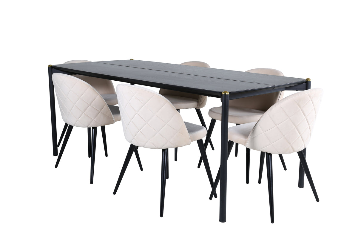 Pelle & Velvet Rektangulært Spisebord 190 x 90 Sort + Spisebordsstol 2-pak Beige