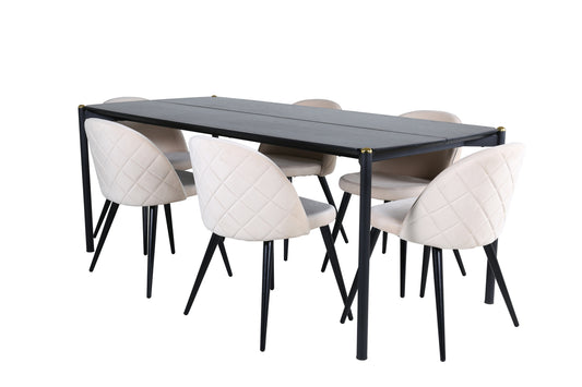 Pelle & Velvet Rektangulært Spisebord 190 x 90 Sort + Spisebordsstol 2-pak Beige