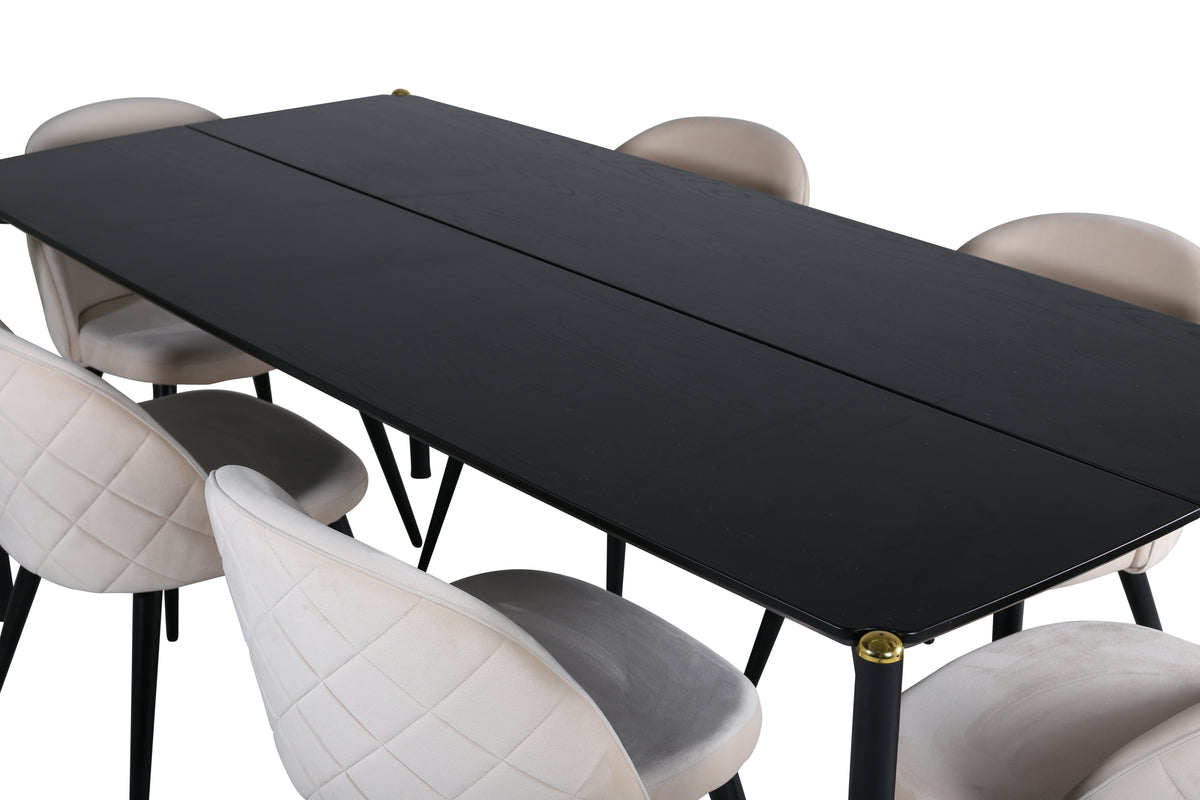 Pelle & Velvet Rektangulært Spisebord 190 x 90 Sort + Spisebordsstol 2-pak Beige