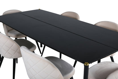Pelle & Velvet Rektangulært Spisebord 190 x 90 Sort + Spisebordsstol 2-pak Beige