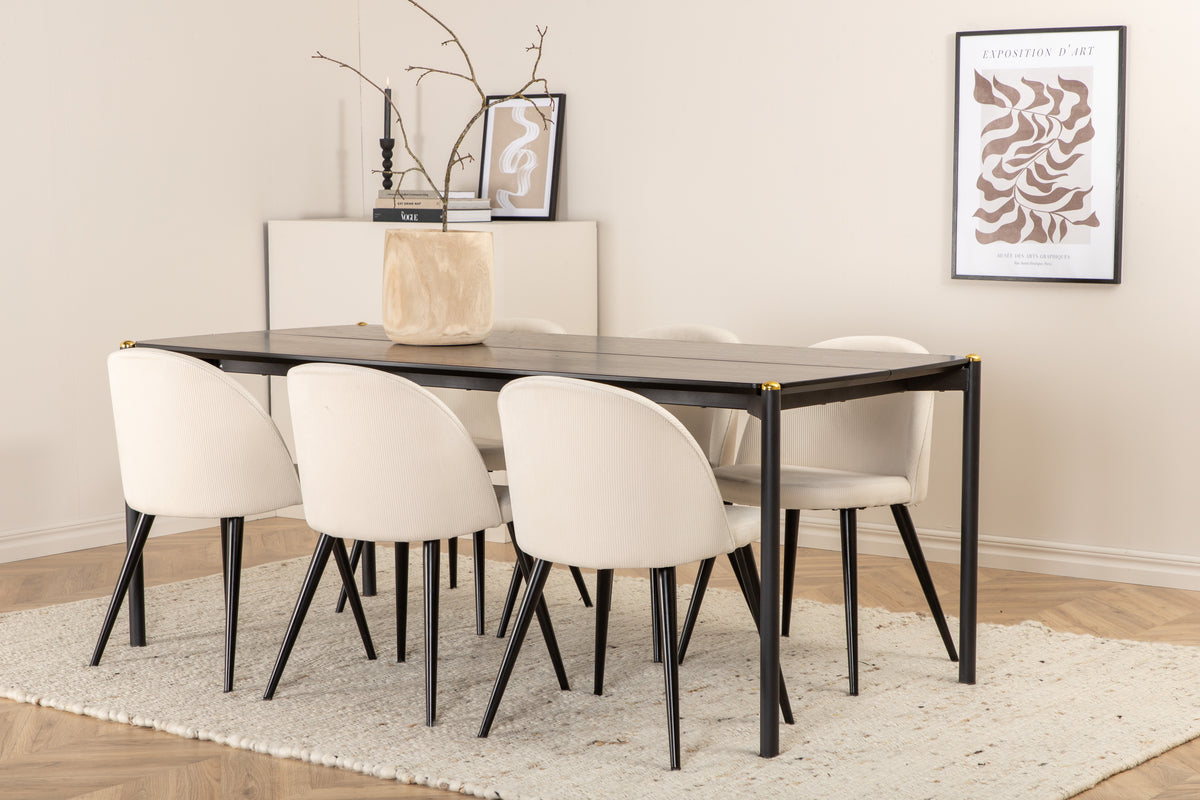 Pelle & Velvet Rektangulært Spisebord 190 x 90 Sort + Spisebordsstol 2-pak Creme