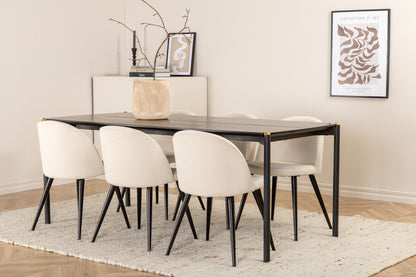 Pelle & Velvet Rektangulært Spisebord 190 x 90 Sort + Spisebordsstol 2-pak Creme