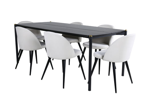 Pelle & Velvet Rektangulært Spisebord 190 x 90 Sort + Spisebordsstol 2-pak Creme