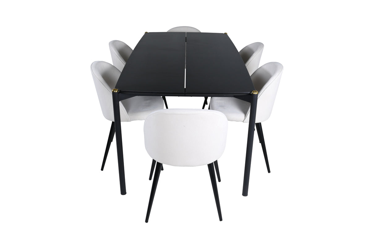 Pelle & Velvet Rektangulært Spisebord 190 x 90 Sort + Spisebordsstol 2-pak Creme