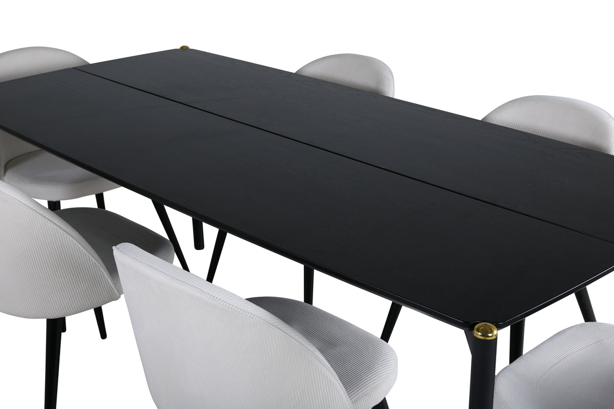 Pelle & Velvet Rektangulært Spisebord 190 x 90 Sort + Spisebordsstol 2-pak Creme