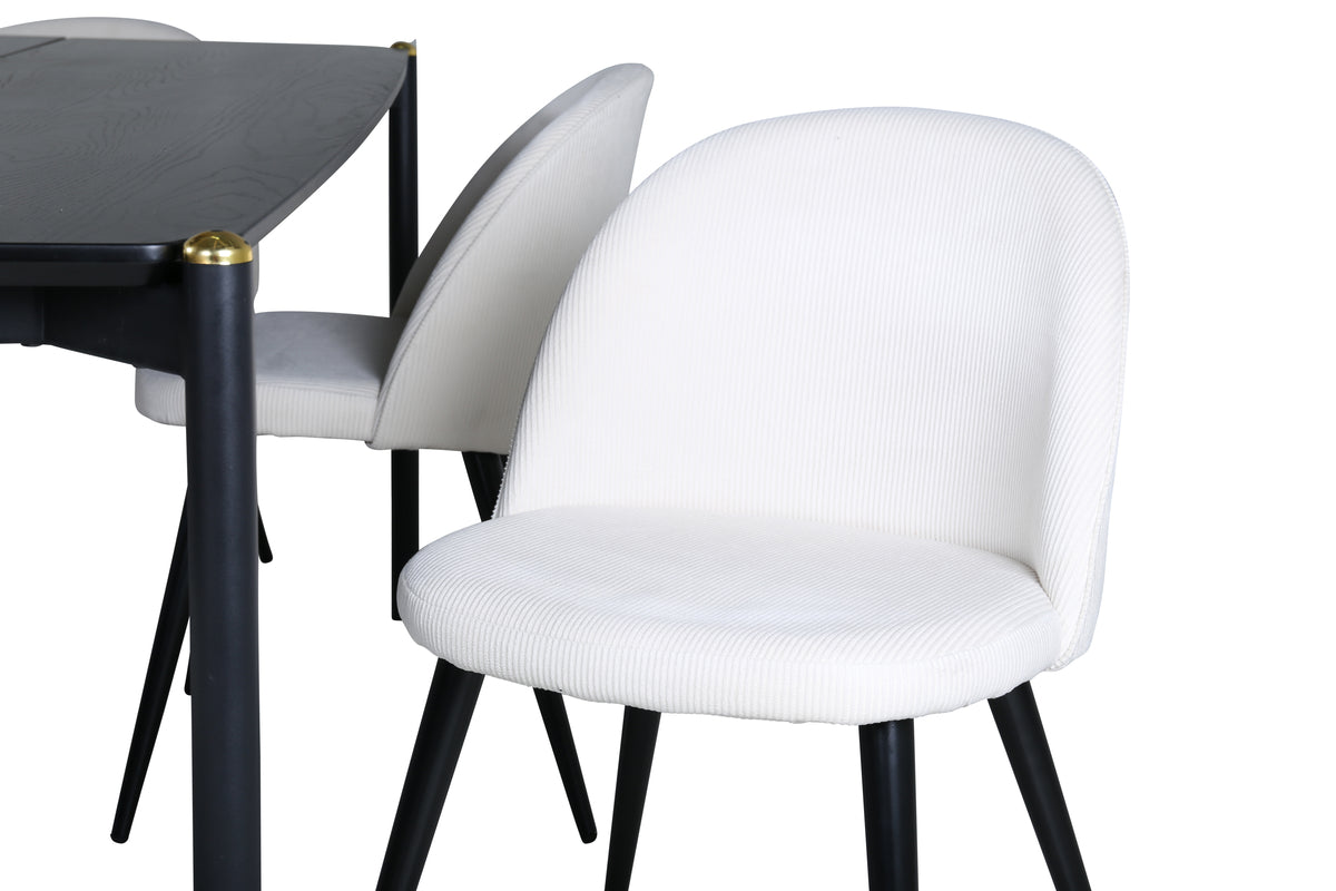 Pelle & Velvet Rektangulært Spisebord 190 x 90 Sort + Spisebordsstol 2-pak Creme