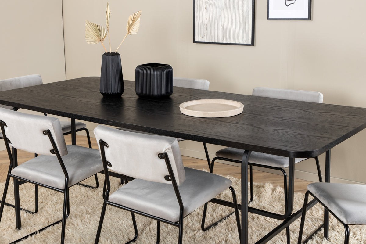 Kenth & Uno spisebordsstol 2-pak grå + rektangulært spisebord 200 x 90 sort