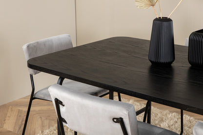 Kenth & Uno spisebordsstol 2-pak grå + rektangulært spisebord 200 x 90 sort