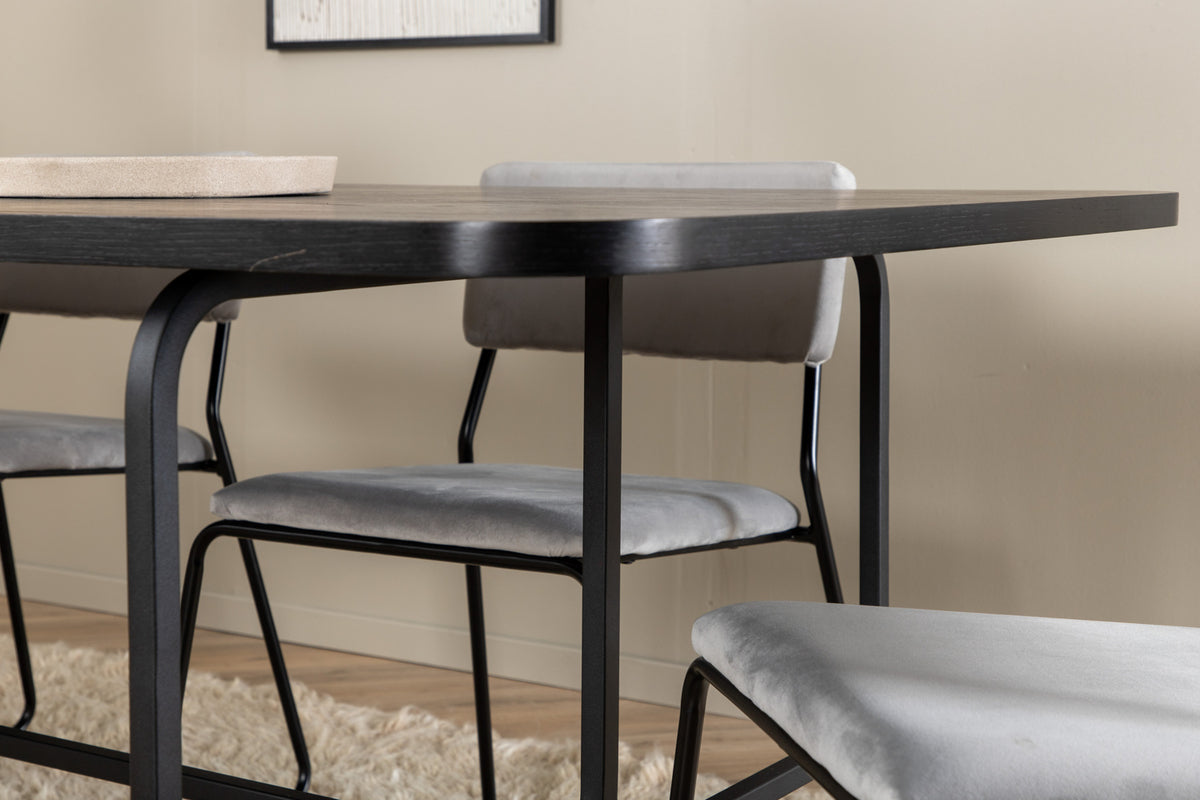 Kenth & Uno spisebordsstol 2-pak grå + rektangulært spisebord 200 x 90 sort