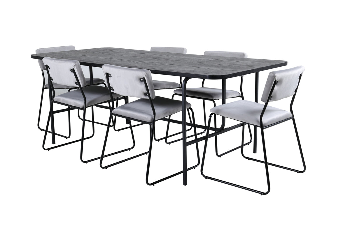 Kenth & Uno spisebordsstol 2-pak grå + rektangulært spisebord 200 x 90 sort